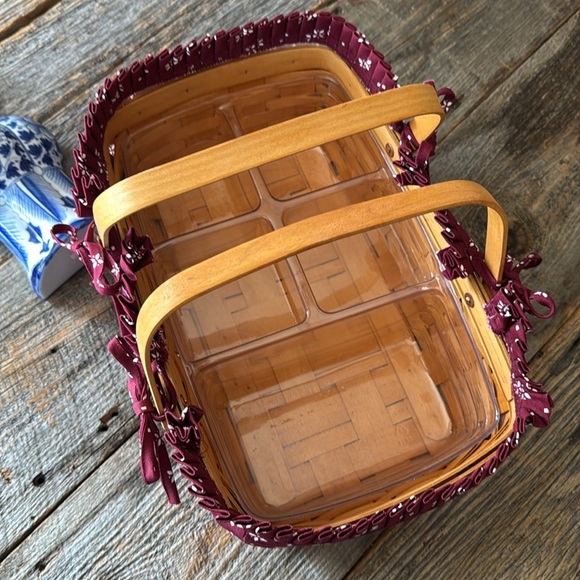 Longaberger Woven Handled Basket with Burgundy Fabric and Insert Liner - Picture 2 of 11